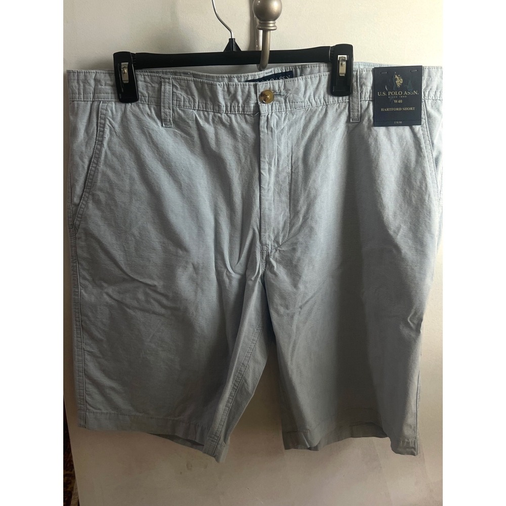 US Polo Assn Mens Hartford Shorts Size 40 Blue White Micro Stripe Flat Front NWT